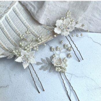 Set Of Three Beaded Bridal Floral Hairpins, 8 of 9
