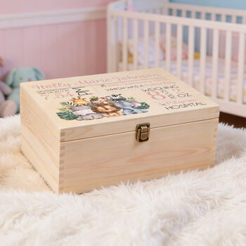 Personalised Baby Jungle Animals Large Wooden Keepsake Box, 2 of 5
