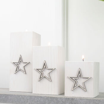 Trio Of Wooden Tea Light Holders Raised Star Design, 7 of 9