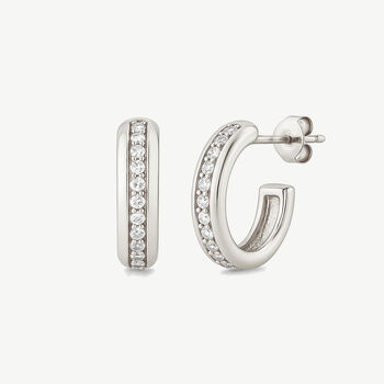 Women's Sterling Silver Chunky Hoop Earrings With Sparkling Stones In 18k White Gold, 3 of 3