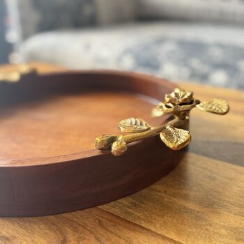 Mango Wood Round Tray With Antique Gold Handles, 5 of 12