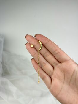 Sterling Silver Asymmetric Moon And Star Long Stud Earrings, 5 of 10