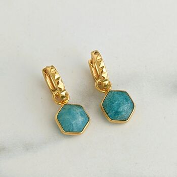 The Hexagon Amazonite Gold Plated Gemstone Earrings, 2 of 5