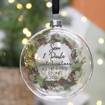 First Married Christmas Wreath Flat Glass Bauble, 2 of 8