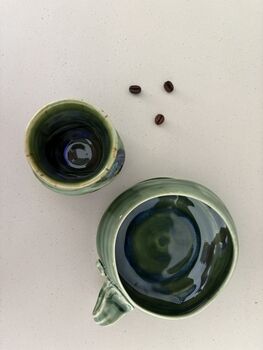 Handmade Porcelain Espresso Cup And Saucer Green Glaze With Sculptural Details, 4 of 7