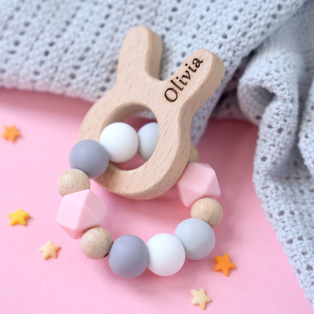 Personalised Baby Teether With Wooden Bunny Shape, 1 of 4