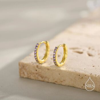 Sterling Silver Amethyst Purple Cz Huggie Hoops, 4 of 12