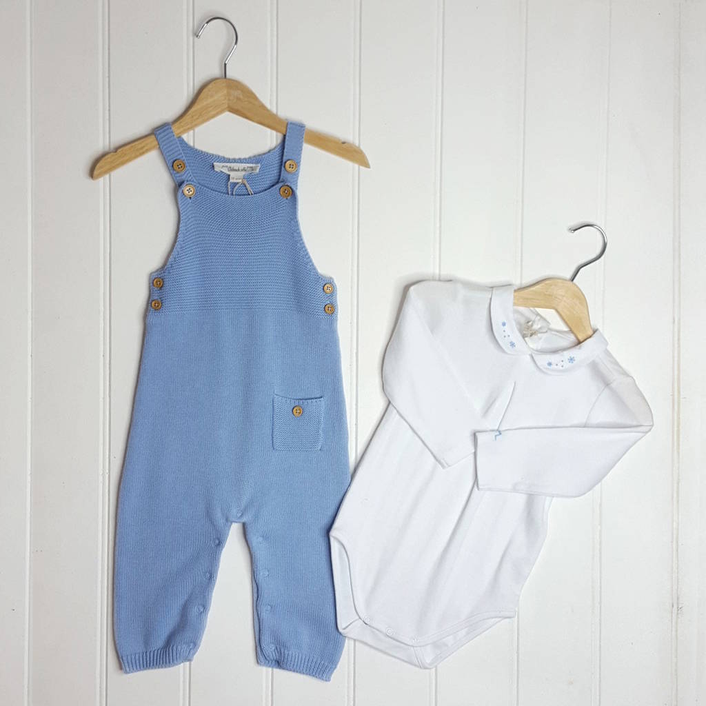 baby boy blue knitted dungaree and bodysuit set by chateau de sable