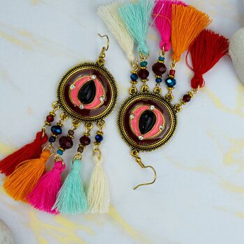 Long Round Enamel Colourful Tassel Dangle Earrings, 9 of 10