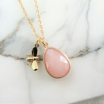 Blush Pink Gemstone And Bee Necklace, 2 of 3