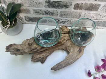 Teak Root Wooden Display With Double Molten Glass Bowls, 3 of 11