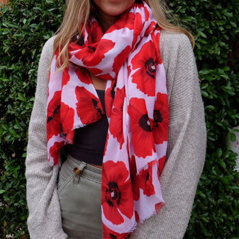 Poppy Red And White Mid Weight Flower Scarf, 2 of 4
