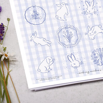 Blue Gingham Floral Rabbit Circle Sticker Sheet, 2 of 2