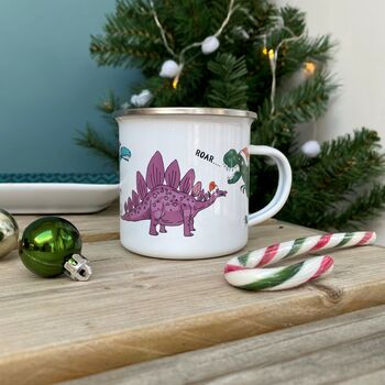 Dinosaur Enamel Mug Christmas Version, 5 of 7