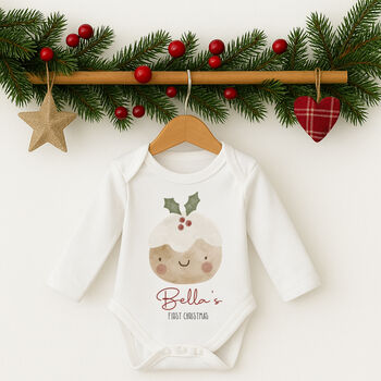 Personalised First Christmas Bodysuit / Babygrow Christmas Pudding, 4 of 7