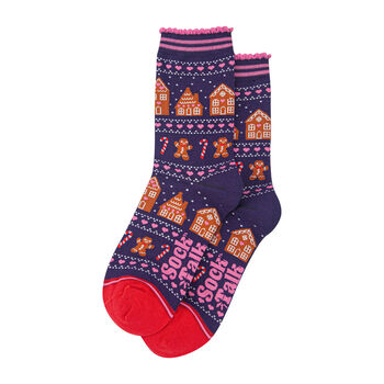 Gingerbread Candy Canes Christmas Socks Bamboo Women's Navy Red, 2 of 3