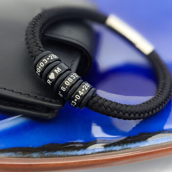 Personalised Mens Bracelet With Black Engraved Rings, 2 of 6