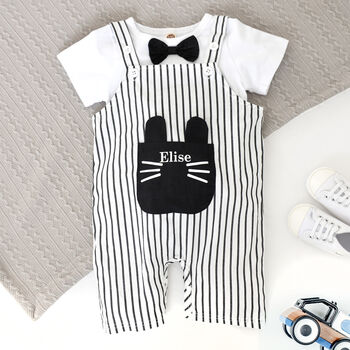 Personalised Stripy Cat Face Unisex Baby Dungarees, 2 of 5