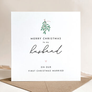 Husband First Married Christmas Card: Mistletoe And Pink Heart Design, 4 of 6