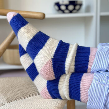 100% Cashmere Bold Blue Stripe Socks, 4 of 10