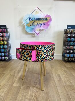 Pink Leopard Print Round Wooden Side Table With Drawer, 5 of 10