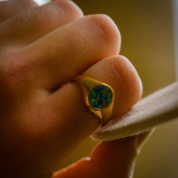 Green Oval Opal Silver Steel Signet Ring, 5 of 12