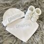Personalised Newborn Baby Hat, Bib And Booties Gift Set, thumbnail 1 of 7