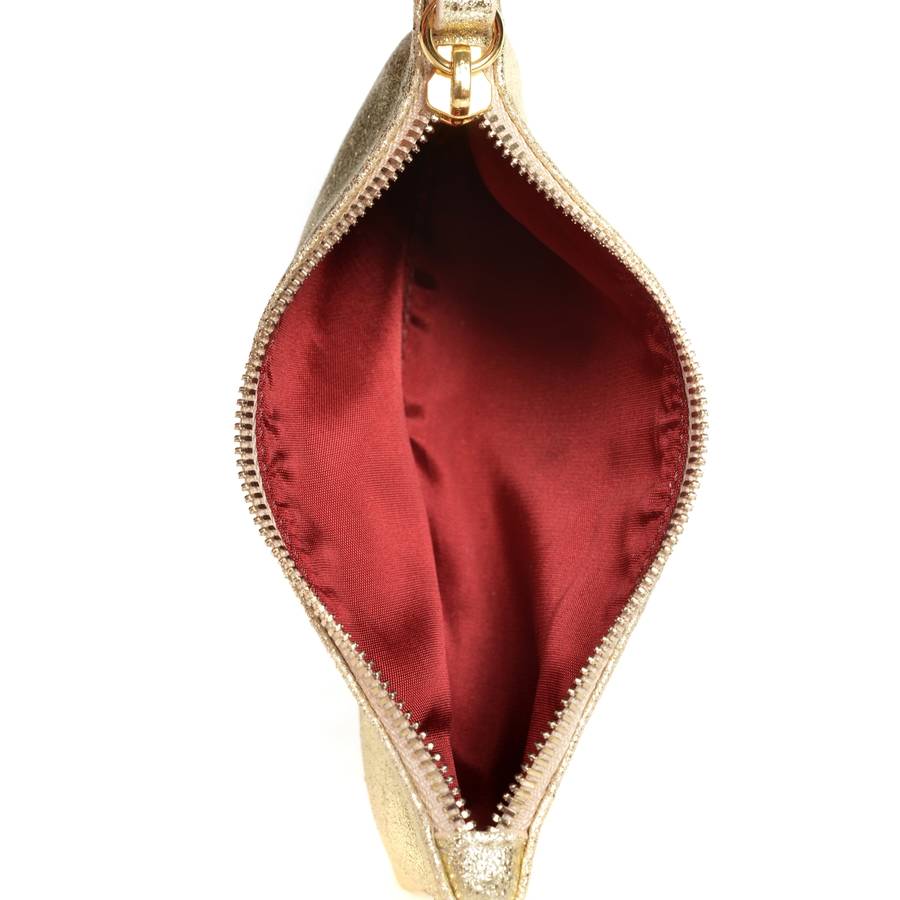 personalised metallic leather clutch with satin lining by pepper alley