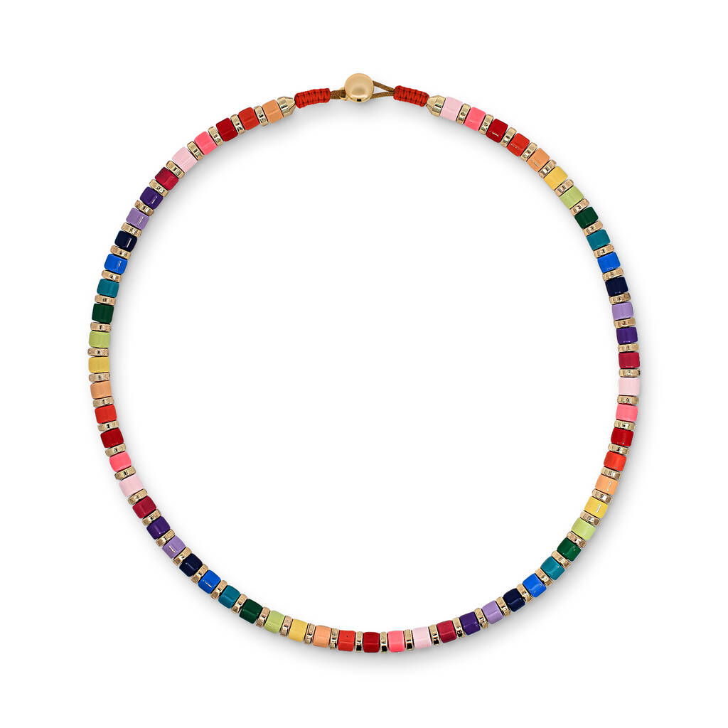Multicoloured Rainbow And Gold Tone Metal Beaded Necklace