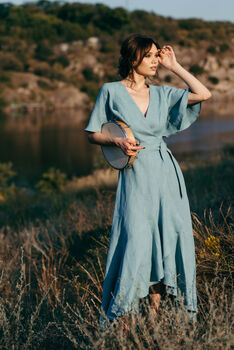 Long Bohemian Wrap Linen Dress With Frill Details, 7 of 10