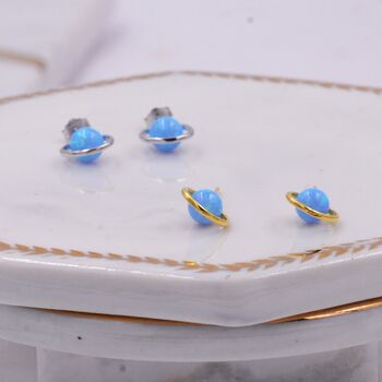 Sterling Silver Blue Planet Opal Stud Earrings, 4 of 11