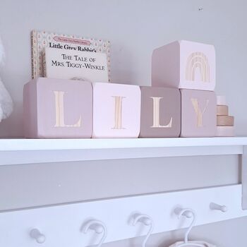 Wooden Baby Name Blocks, Personalised Newborn Gift, Dusty Light Pink, 2 of 12
