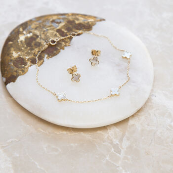 9ct Gold Mother Of Pearl Clover Bracelet And Earrings Set, 3 of 7