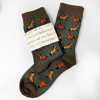 Personalised Christmas Horse Bamboo Socks With Gold Foil Label, 9 of 9