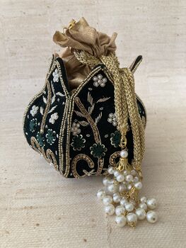Emerald Green Velvet Potli/Wrist Bag, 10 of 10