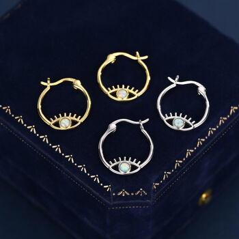 Aqua Green Opal Eye Hoop Earrings In Sterling Silver, 2 of 11