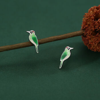 Sterling Silver Green Woodpecker Enamel Stud Earrings, 4 of 11