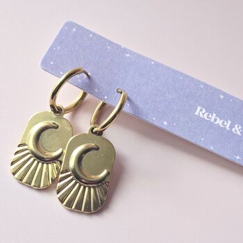 Crescent Moon Sunburst Hoop Earrings Gold Plated, 4 of 5