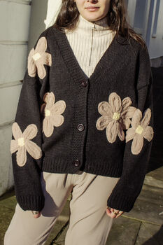 Black Crochet Applique Brown Floral Cardigan, 4 of 10