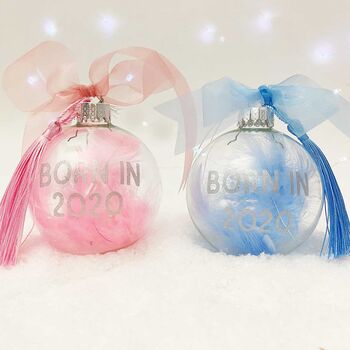 Personalised 'Born In' Blue Feather Filled Glass Bauble, 4 of 5