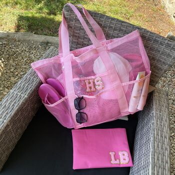 Personalised Lacey Patch Pocket Net Mesh Tote Beach Bag, 6 of 12