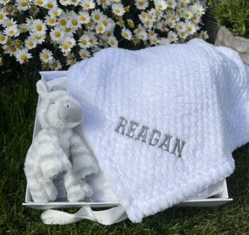 Personalised White Baby Blanket And Zebra Soft Toy, 3 of 4
