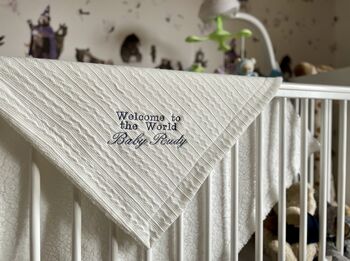 Personalised White Knitted Baby Blanket With Pom Poms, 4 of 7