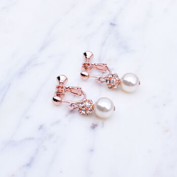 Rose Gold Plated Diamante And Pearl Clip On Earrings, 2 of 4