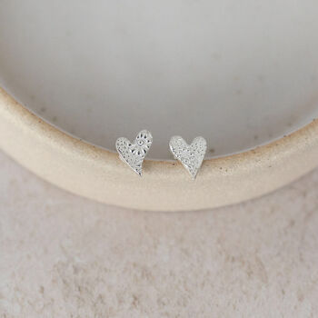 Sterling Silver Textured Tilted Heart Studs, 3 of 7