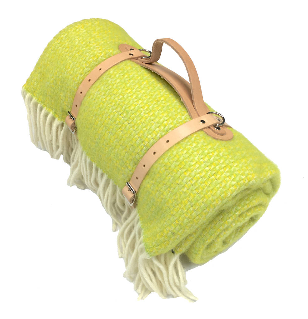 wool picnic blanket leather straps/waterproof backing by atlantic