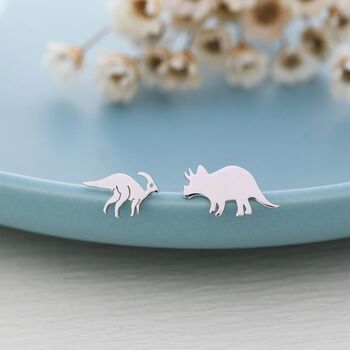 Sterling Silver Mismatched Parasaurolophus And Triceratops Dinosaur Stud Earrings, 6 of 11