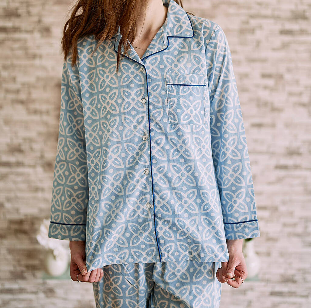 Powder Blue Moroccan Print Handmade Pyjama Set, 1 of 12