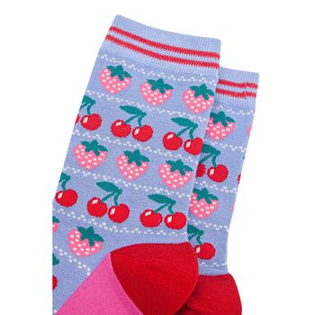 Women's Strawberry And Cherries Fruit Bamboo Socks Blue, 3 of 4