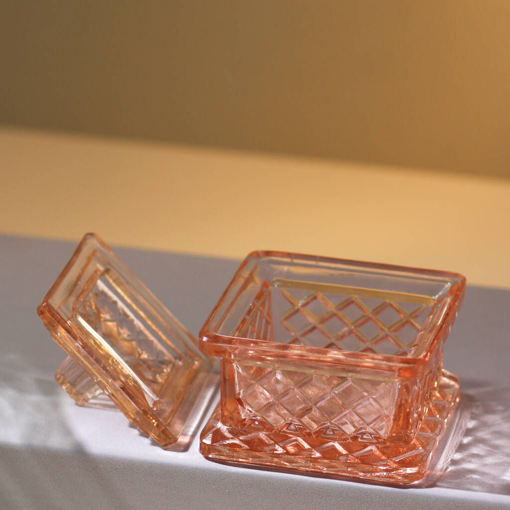 Vintage Glass Art Deco Trinket Pot Peachy Pink By Allumee Home